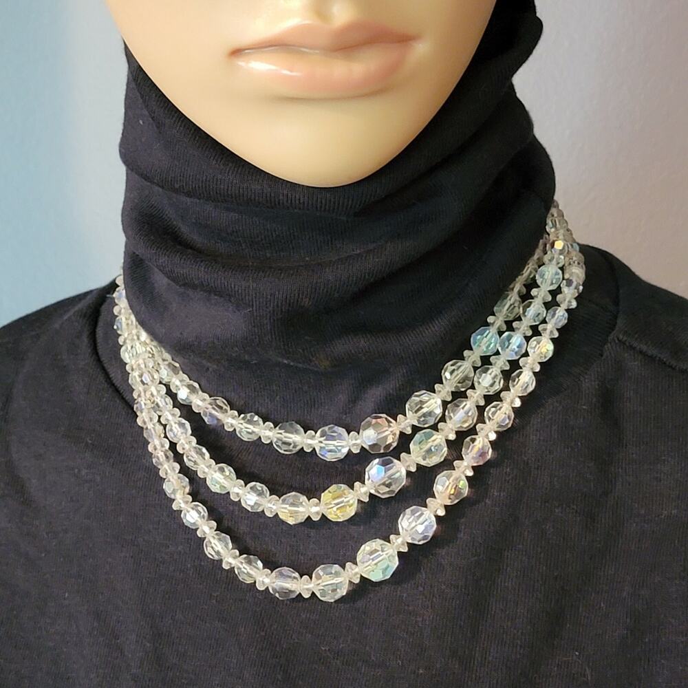 Vintage Mid-century Crystal Beaded Necklace, 3 Strands, AB, Graduated wh02-22 - Picture 3 of 6